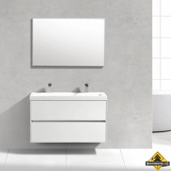 Badmeubel Compact Greeploos Met 2 Kraangaten 100 Cm Hoogglans Wit - Afbeelding 2