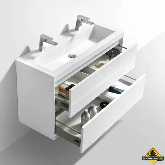 Badmeubel Compact Greeploos Met 2 Kraangaten 100 Cm Hoogglans Wit - Afbeelding 3