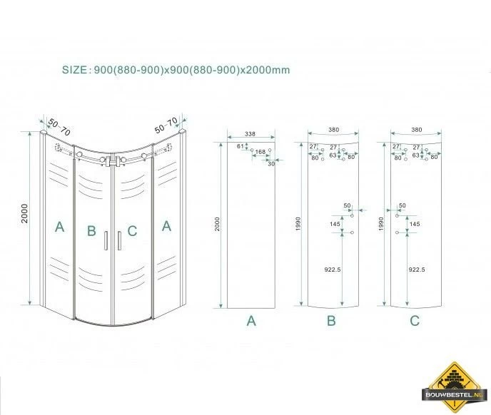 Wiesbaden Bold Douchecabine Met Schuifdeuren 900x900x2000 Chroom 8mm NANO - Afbeelding 6