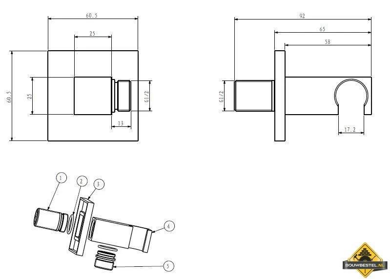 Wiesbaden Rombo Luxe Muur Doucheaansluiting Met Opsteek Vierkant 1/2inch Chroom - Afbeelding 2
