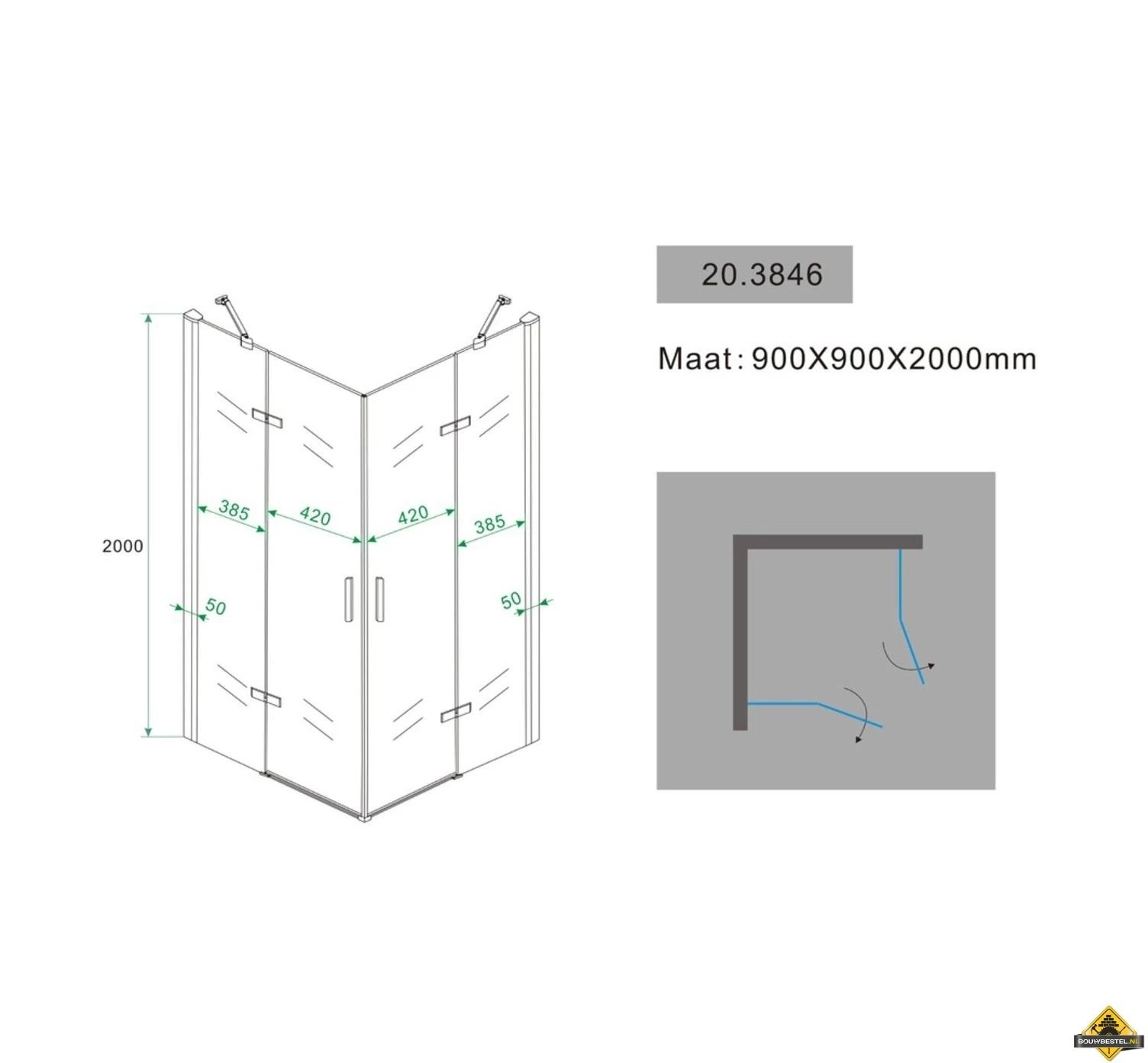 Wiesbaden Corner Douchecabine 900x900x2000 Chroom 8mm NANO - Afbeelding 6
