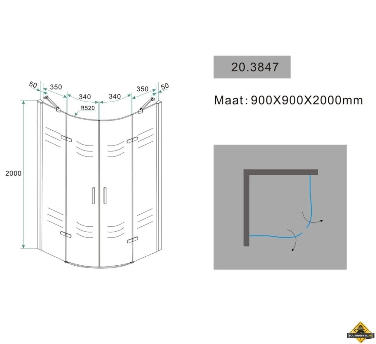 Wiesbaden Double Douchecabine Met Draaideuren 900x900x2000 Chroom 8mm NANO - Afbeelding 3