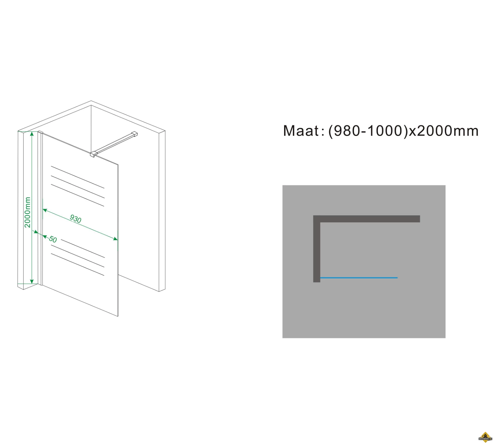 Block Douchecabine 1200x1000x2000 Chroom 8mm NANO - Afbeelding 3