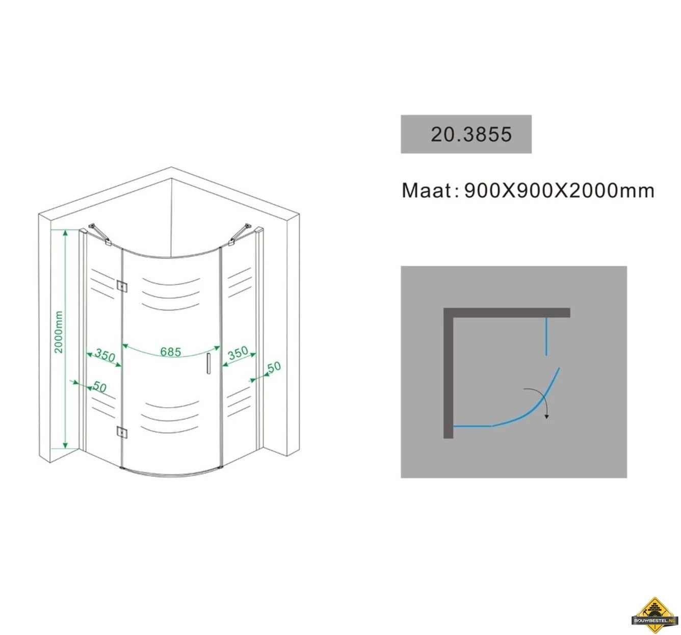 Wiesbaden Sphere 1/4 R.douchecabine LS 900x900x2000 Chroom 8mm NANO - Afbeelding 2