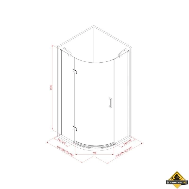 Kwartronde Douchecabine Met 1 Deur 100 Cm - Afbeelding 3