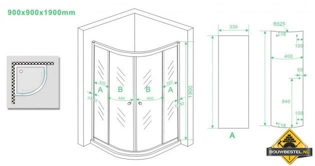 Eco 1/4 Ronde Douchecabine 5mm 900x900x1900 Helder Glas - Afbeelding 4