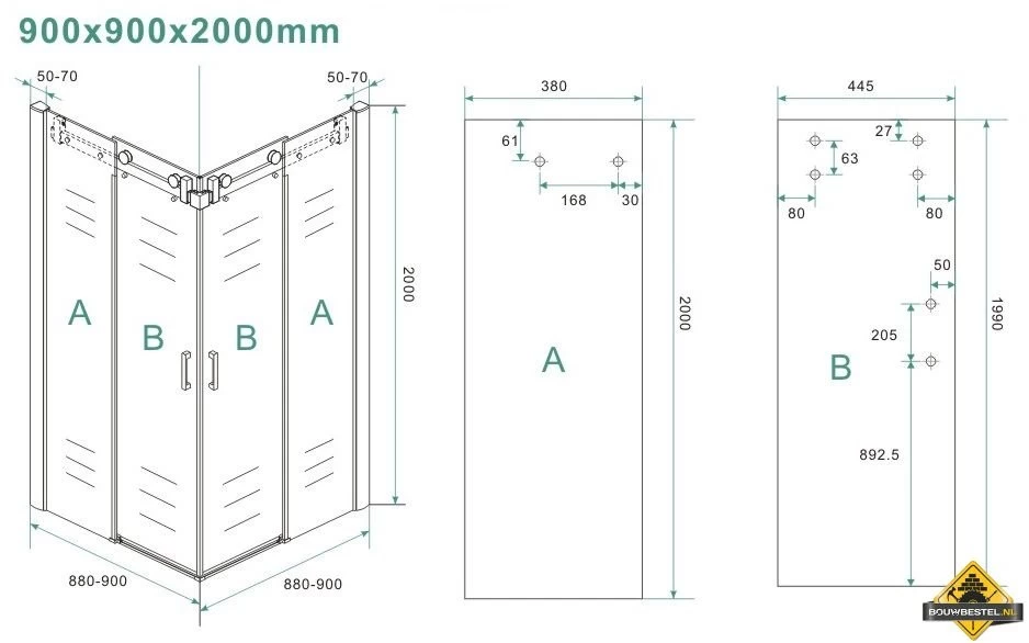 Wiesbaden Hoekinstap + 2 Schuifdeuren 900x900x2000 Chroom 8mm NANO - Afbeelding 6