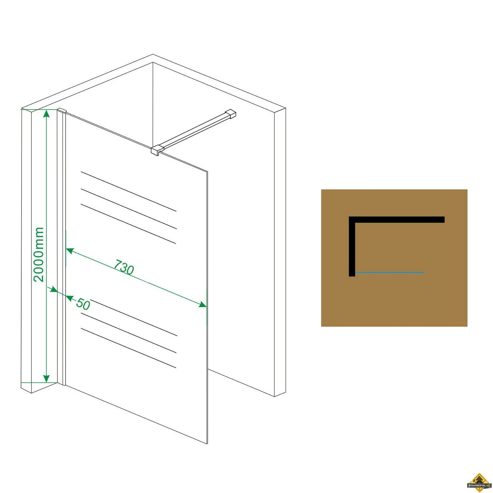 Wiesbaden Partly Inloopdouche Gedeeltelijk Matglas 1100x2000 Nano - Afbeelding 2