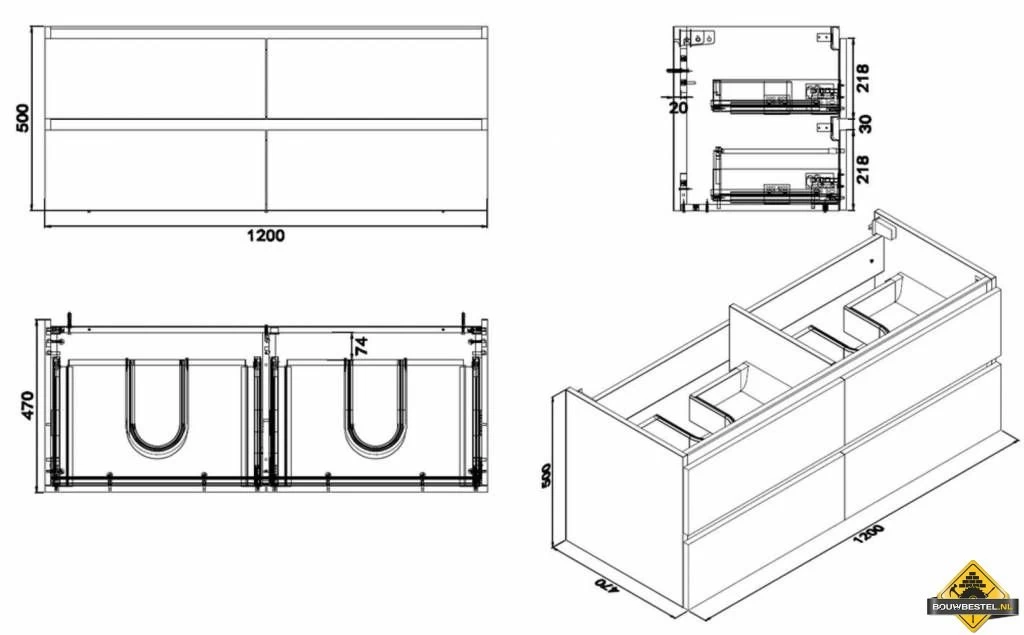 Wiesbaden Vision Losse Onderkast Dubbel Met 4 Laden 120x46cm Wit - Afbeelding 3