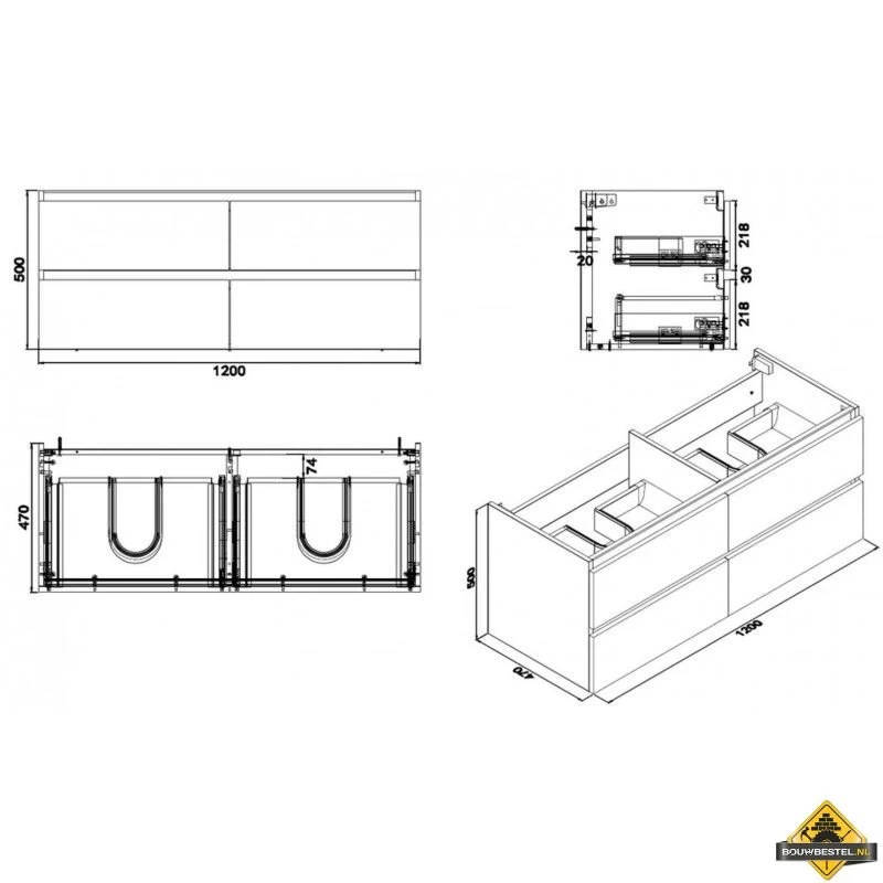 Wiesbaden Vision Losse Onderkast Dubbel Met 4 Laden 120x46 Cm Houtnerf Grijs - Afbeelding 3