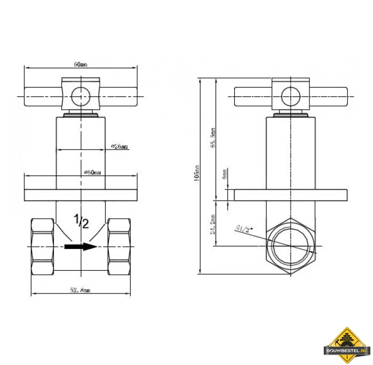 Wiesbaden Cross Inbouw Stopkraan 1/2inch Chroom - Afbeelding 2