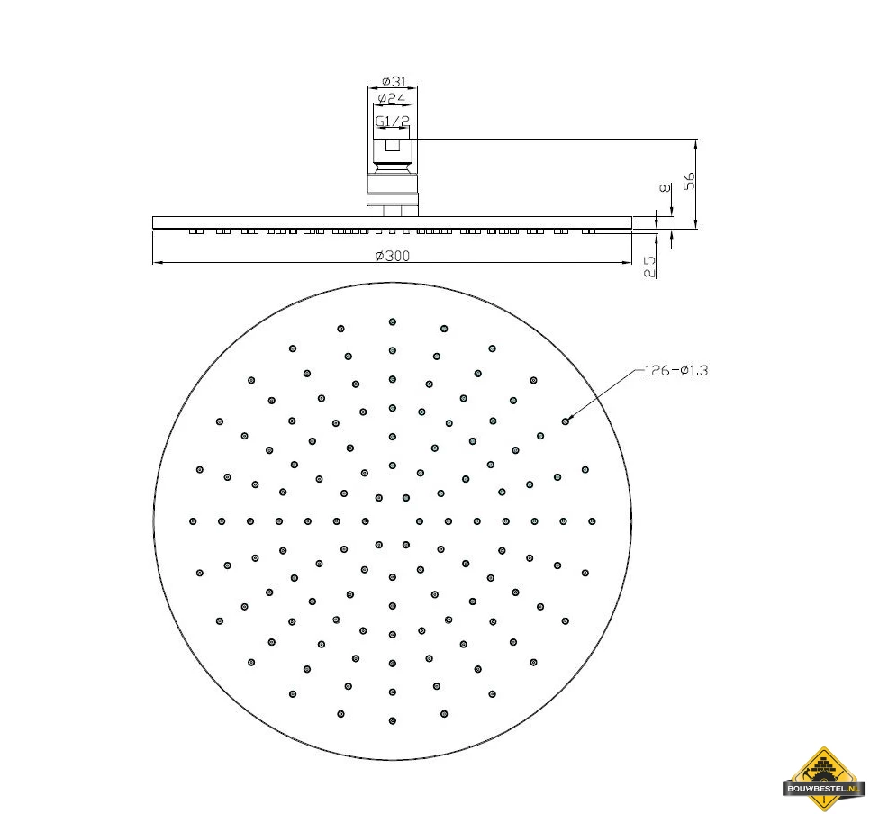 Wiesbaden Luxe Messing Hoofddouche Rond 300mmx8mm Chroom - Afbeelding 2