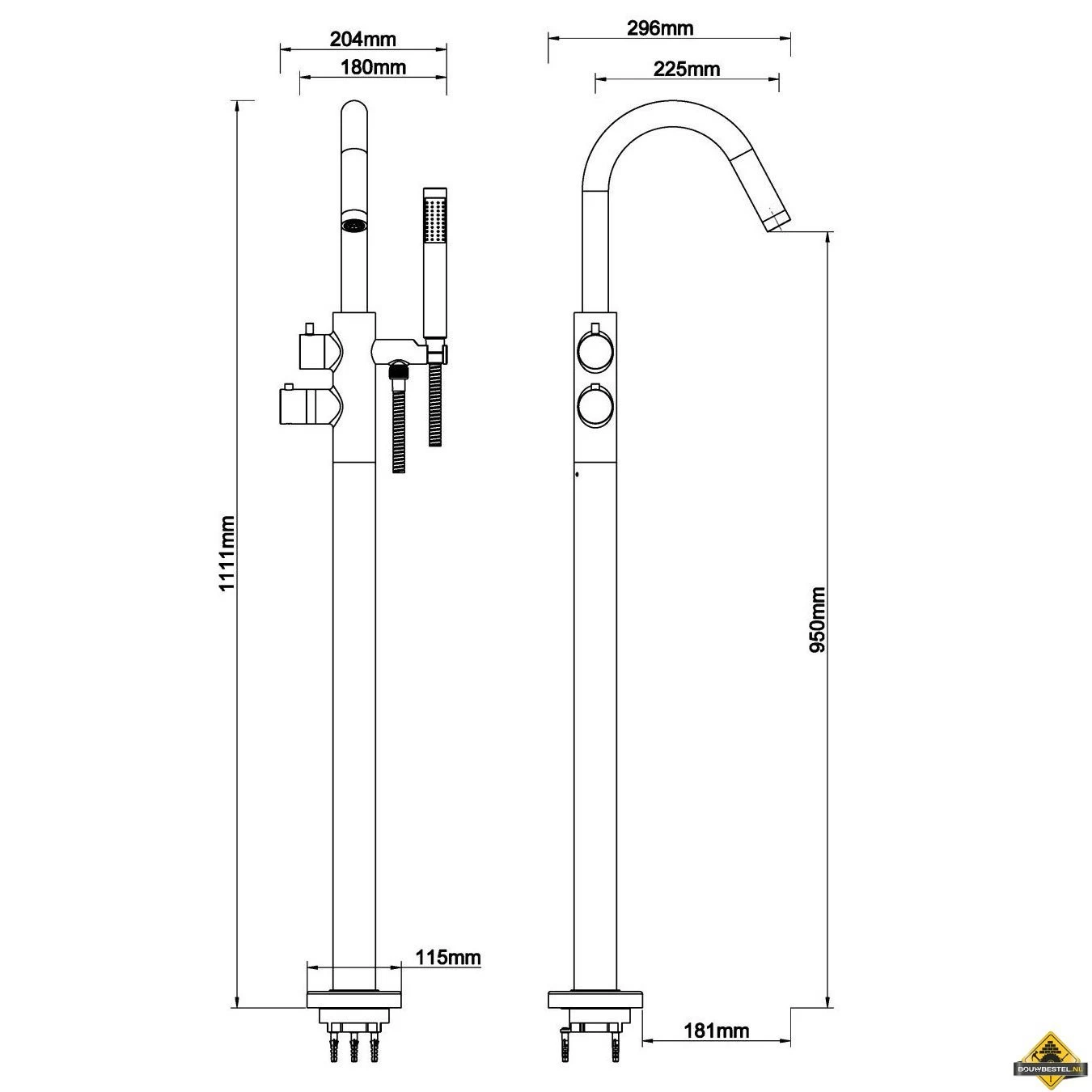 Wiesbaden Caral Vrijstaande Thermostatische Badmengkraan | Mat-zwart - Afbeelding 2