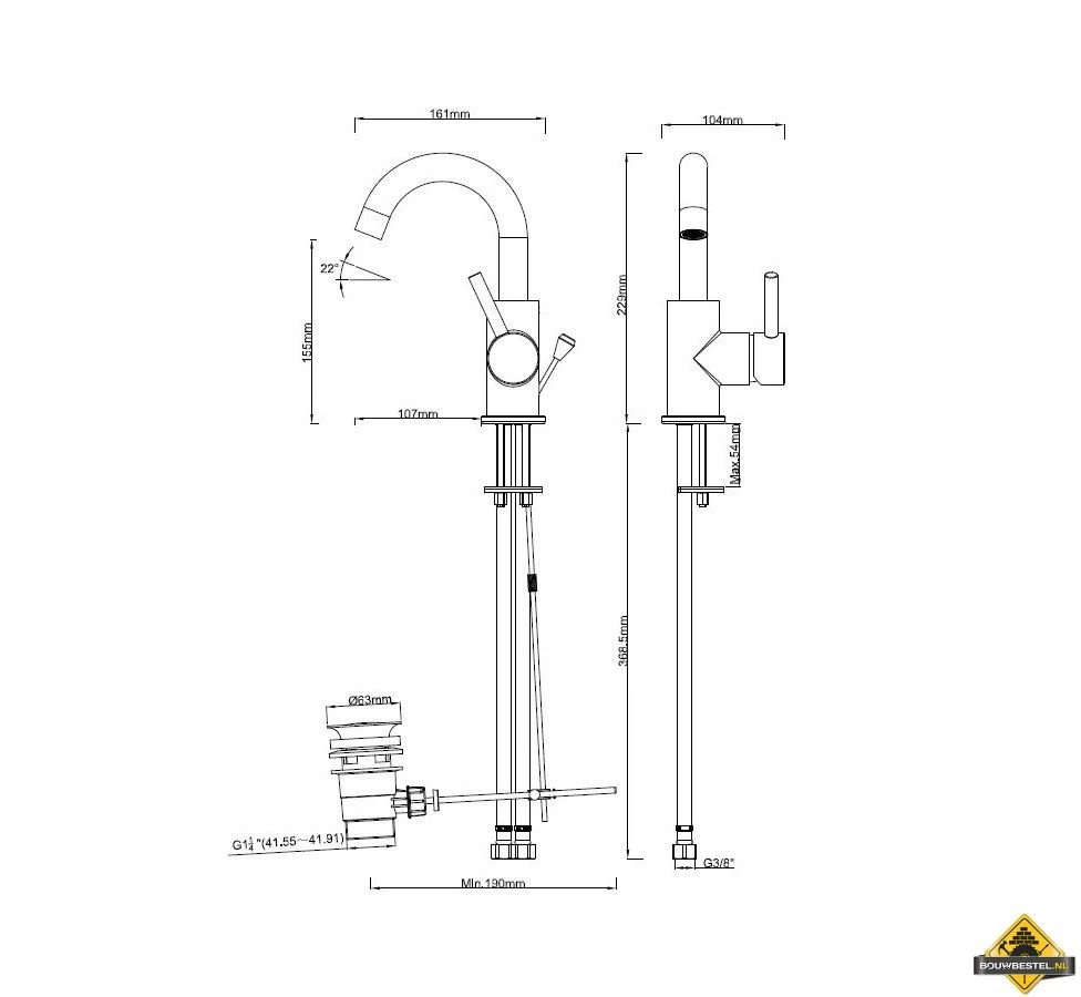 Wiesbaden Caral Opb. Wastafelkraan+waste Draaibare Uitl. Chroom - Afbeelding 2