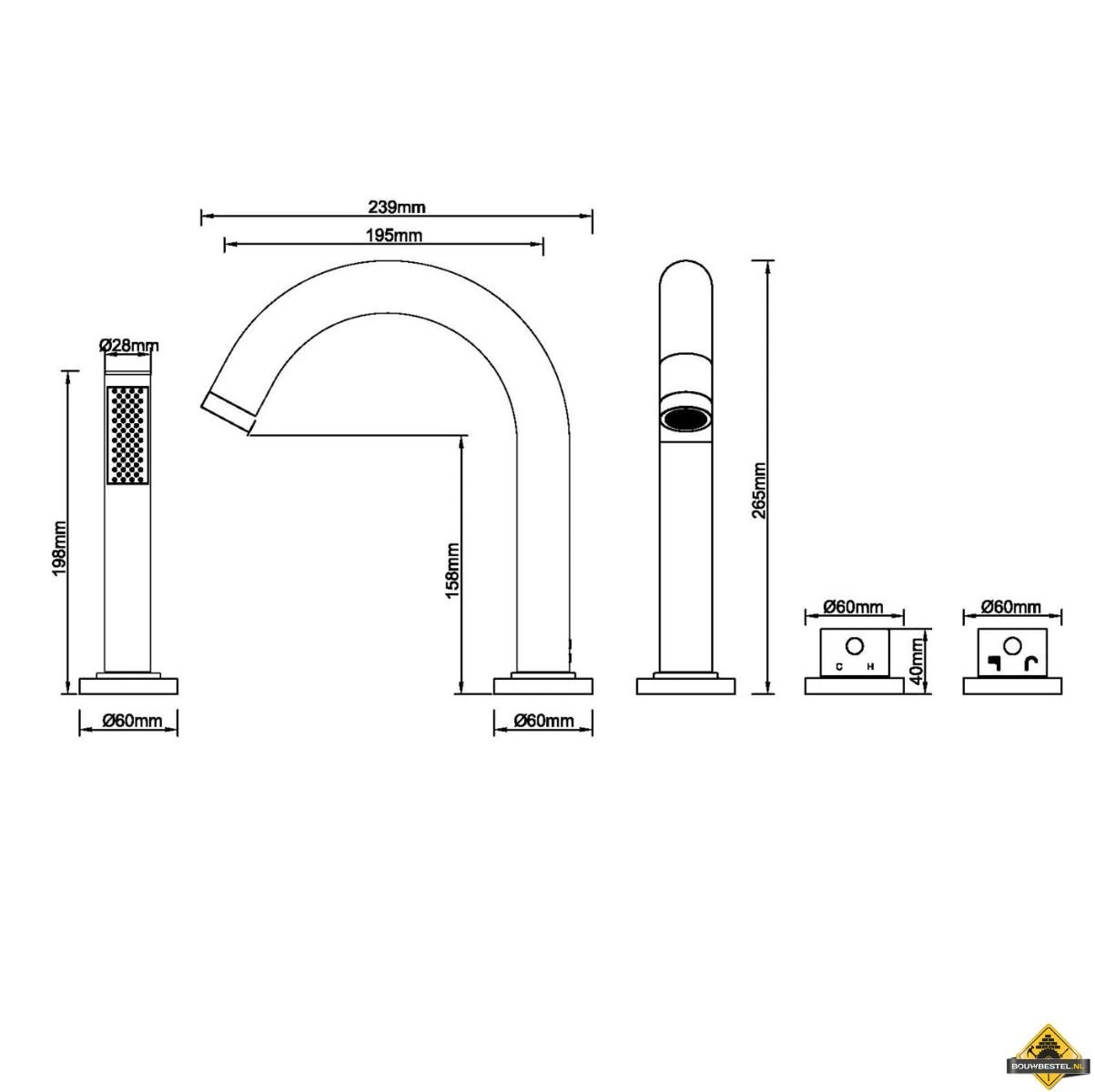 Wiesbaden Caral Inbouw Badrandkraan Afbouwset 4-gats Chroom - Afbeelding 2