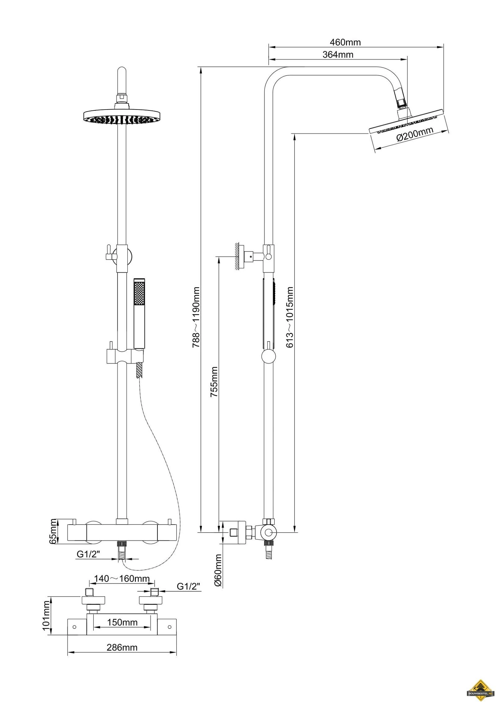Wiesbaden Caral Douche-opbouwset + Thermostaat Mengkraan Zwart - Afbeelding 2