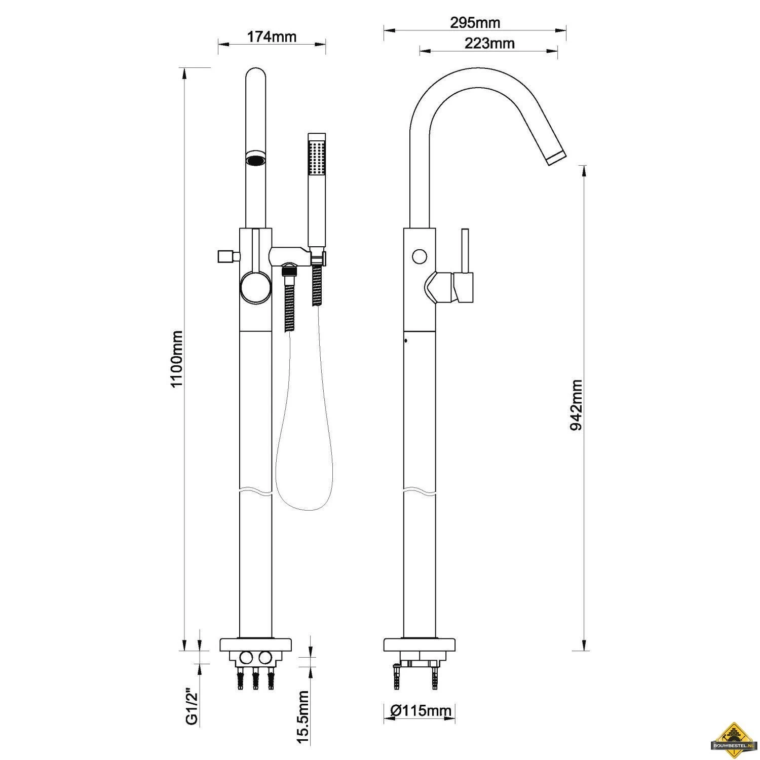 Wiesbaden Caral Vrijstaande Badmengkraan Compleet | Geborsteld Messing - Afbeelding 3