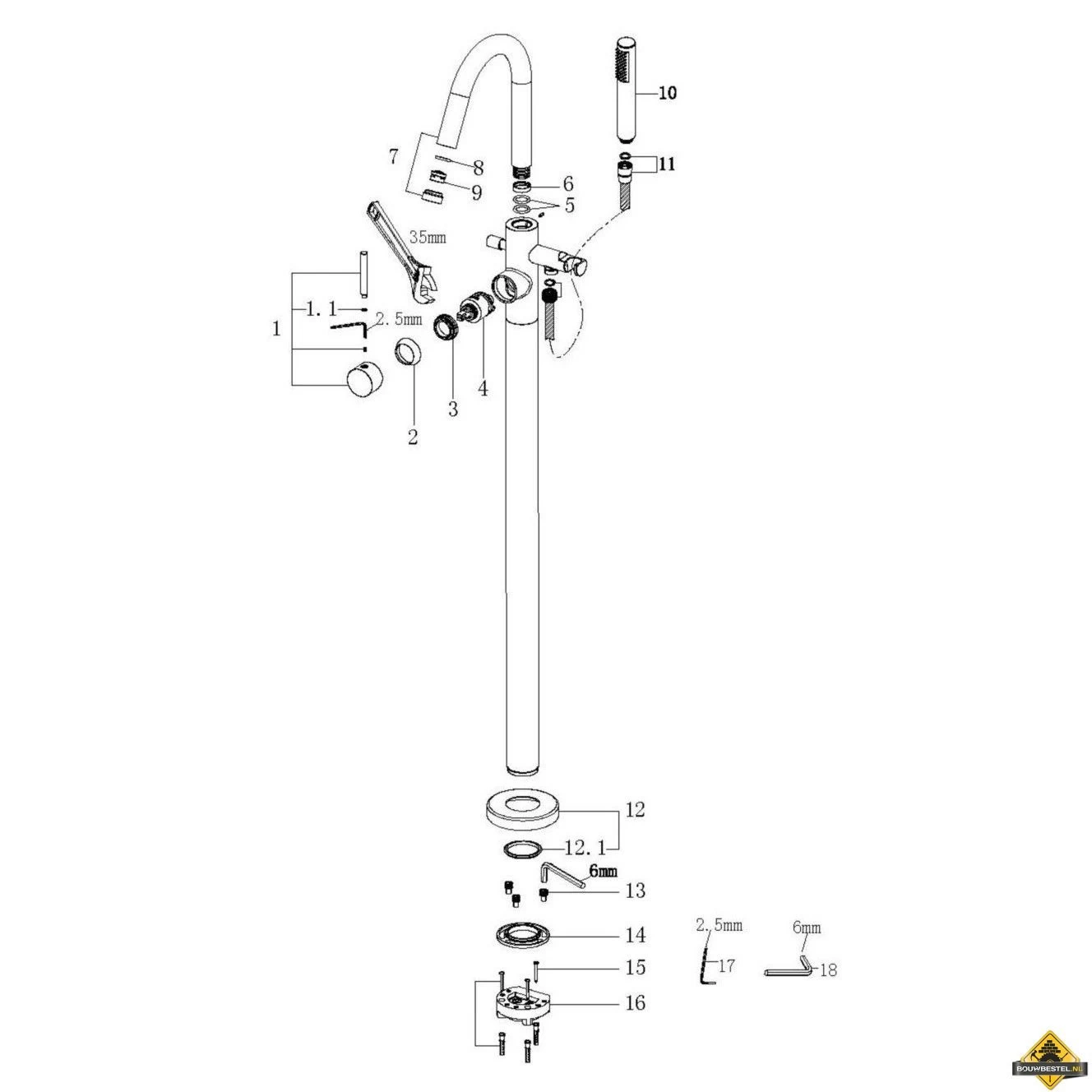 Wiesbaden Caral Vrijstaande Badmengkraan Compleet | Geborsteld Messing - Afbeelding 2