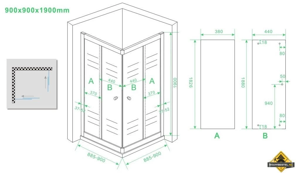 Eco Hoekinstap Douchecabine 5mm 900x900x1900 Helder Glas - Afbeelding 5