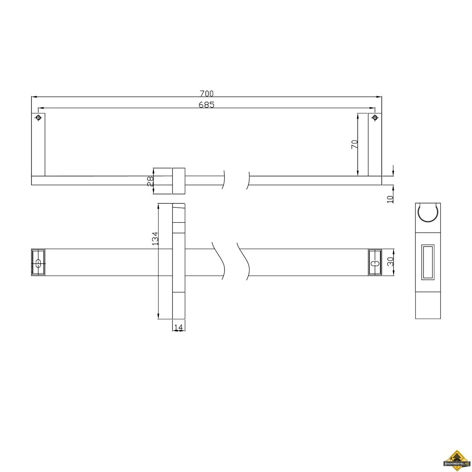 Wiesbaden Chroom Messing Glijstang Met Glijstuk Vierkant 700mm - Afbeelding 2