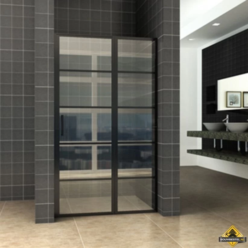 Wiesbaden Horizon Nisdeur R/L Met Vast Deel 130cm 8mm NANO | Mat-zwart (gespoten)