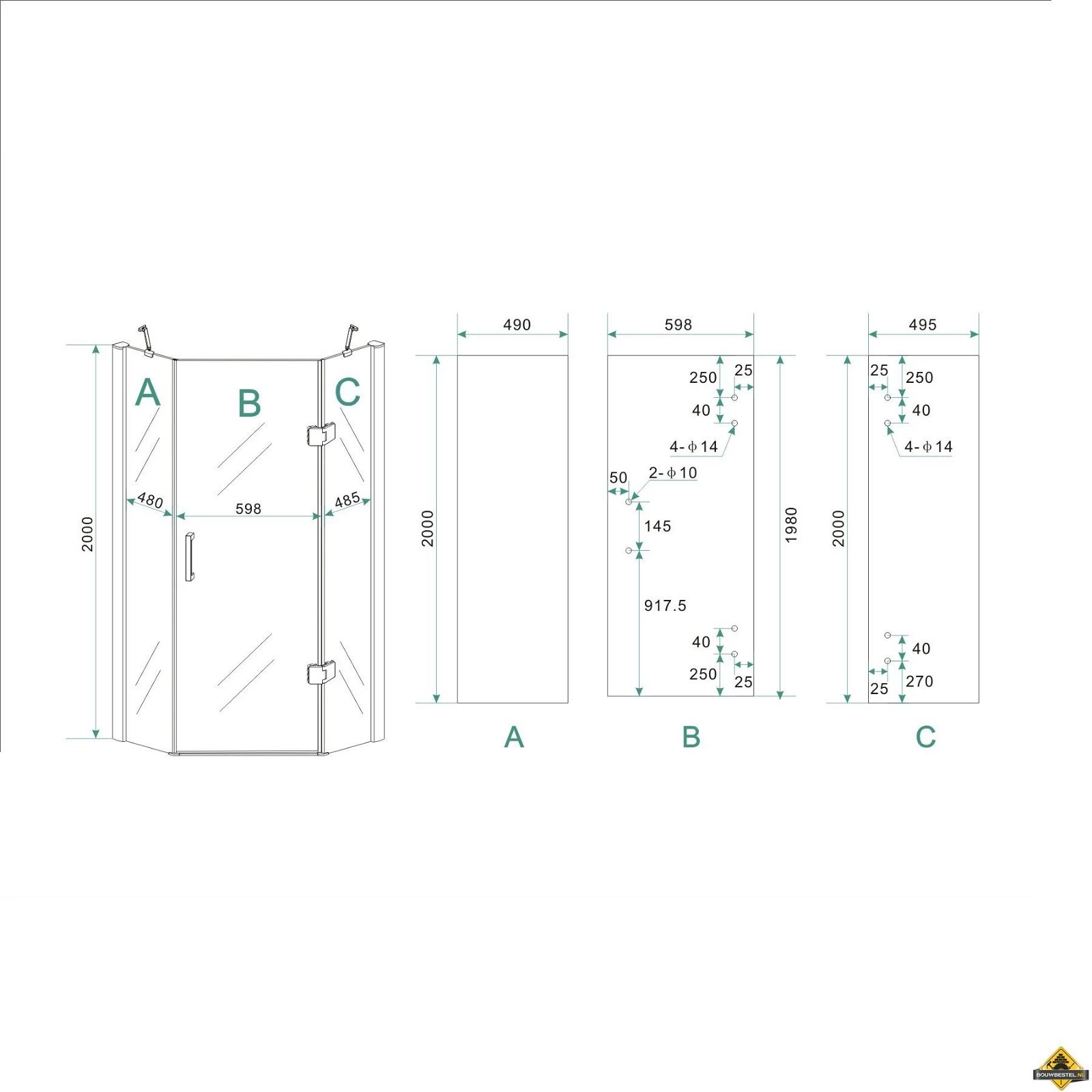 Wiesbaden Pentagon Douchecabine 8mm NANO 1000x1000x2000 - Afbeelding 5