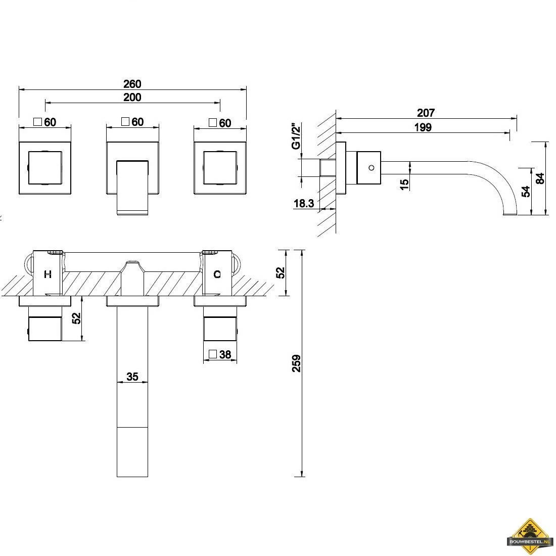 Wiesbaden Cross Wastafelkraan Afbouwset 2-knops RVS-look - Afbeelding 2