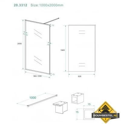 Wiesbaden Square Inloopdouche 1000x2000 10mm Nano Helder Glas/mat Zwart - Afbeelding 2