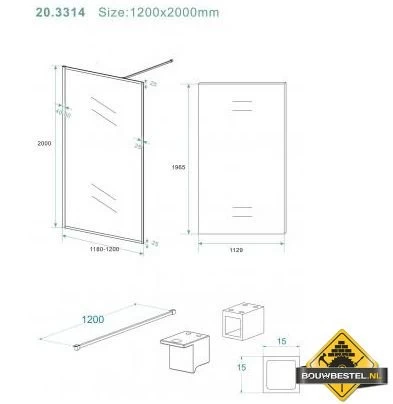 Wiesbaden Square Inloopdouche 1200x2000 10mm Nano Helder Glas/mat Zwart - Afbeelding 2